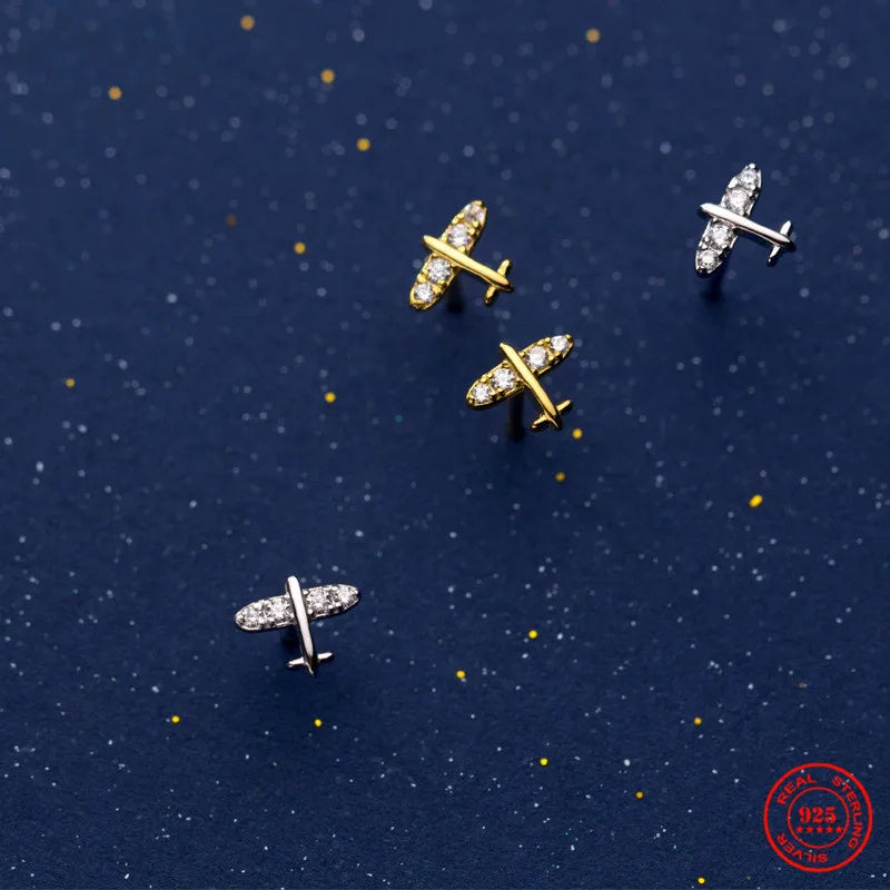 MKENDN 100% 925 Sterling Silber Mini Kristall Flugzeug Ohrstecker für Damen Mädchen Piercing Ins Niedlicher minimalistischer Ohrring