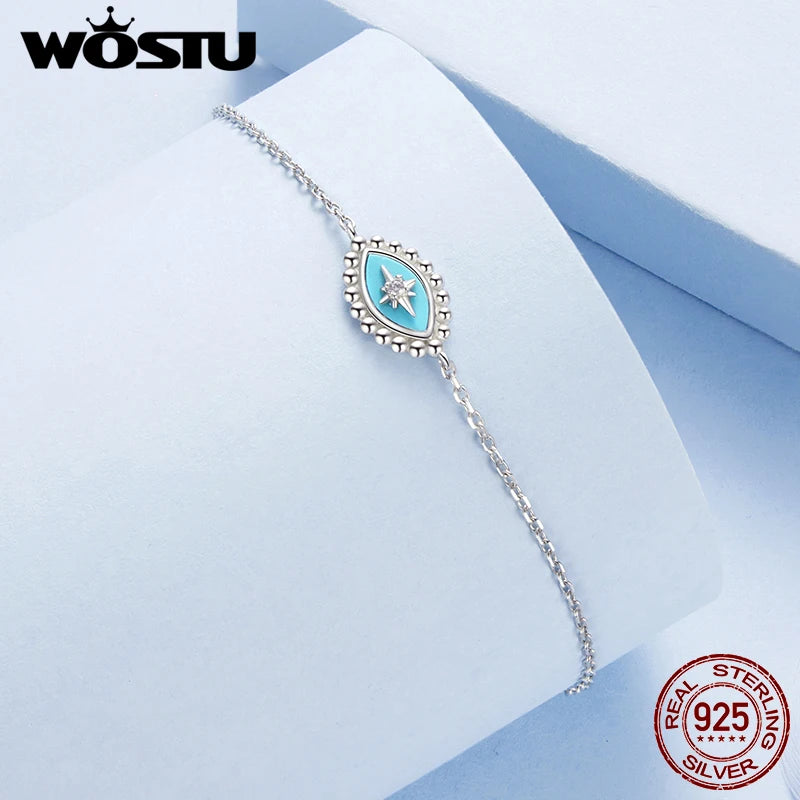 WOSTU Real 925 Sterling Silver hexagram Star Zircon Chain Bracelet Blue Turquoise Devil Eye Chain links Gift For Mom Daughter