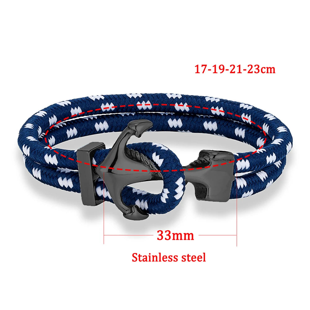 Bracelet MKENDN Classique Homme Ancre, Bracelet en Corde de Nylon Tressée Multicouche, Bracelet Femme en Acier Inoxydable Noir, Bijou Cadeau