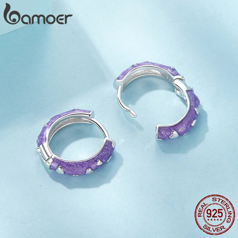 BAMOER 925 Sterling Silver Cute Purple Heart Hoops Earrings, Lightweight White Gold Plated Hoop Earrings for Women SCE1822