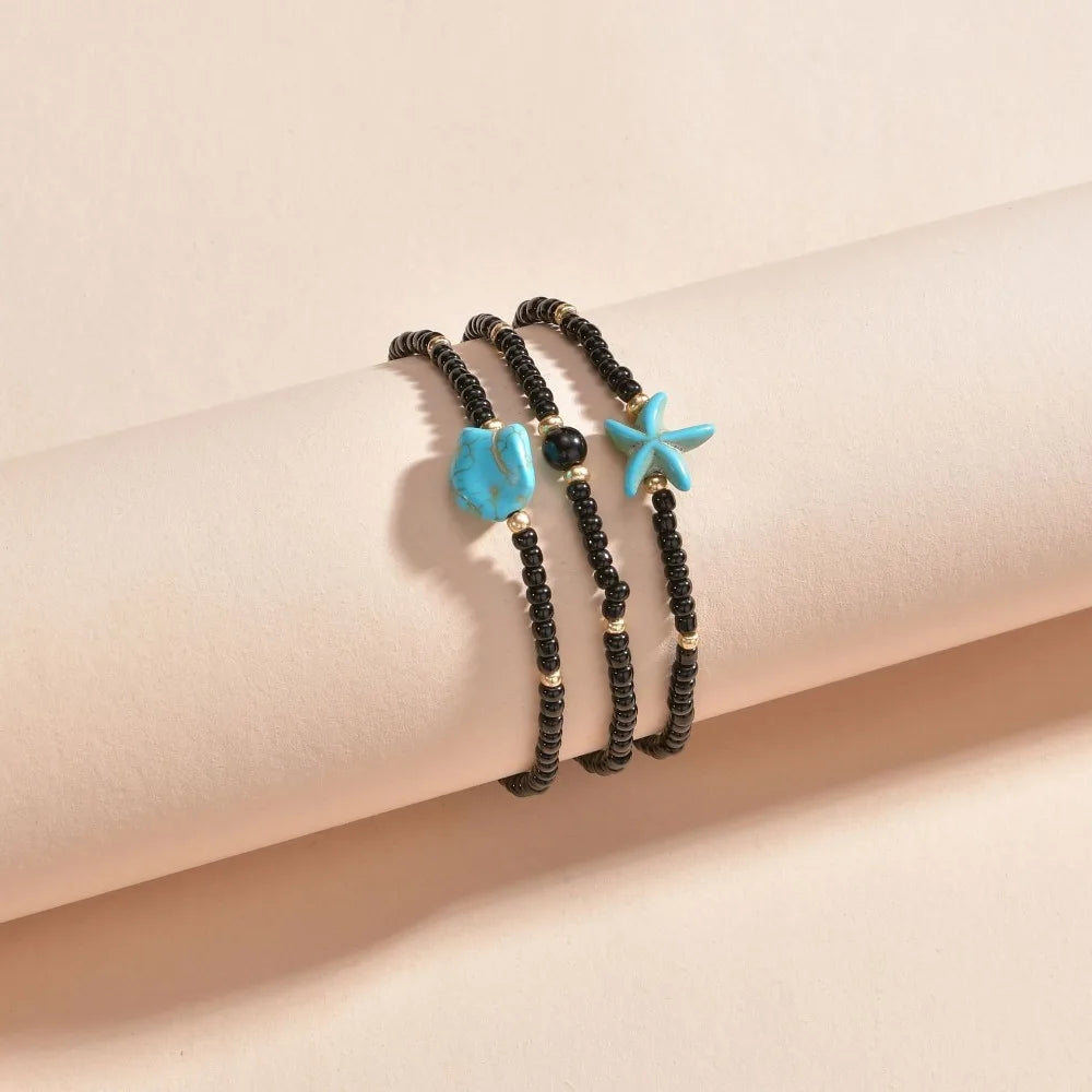 3pcs Summer Irregular Turquoise Cute Sea Star Anklets for Women Rainbow Beads Starfish Foot Chains Beach Jewelry  Accessories - Madeinsea©