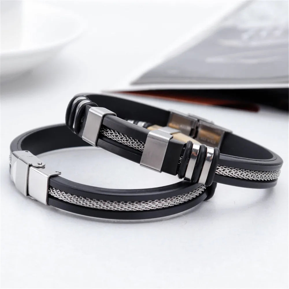 MKENDN Punk Style Men Jewelry Non-fading Steel Wire Rope Silicone Bracelet Classic Cuff Charm Bracelet for Men Male Gifts