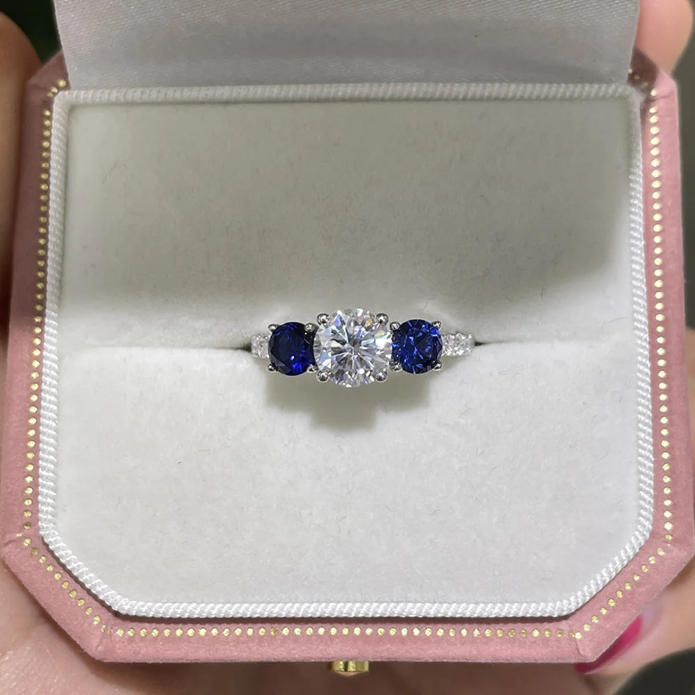 Serenity Lab Cultured Sapphires Diamond Row Rings Women Gift Solid 925 Silver 1.25ct D Color Moissanite Rings Plated 18K Jewelry - Madeinsea©