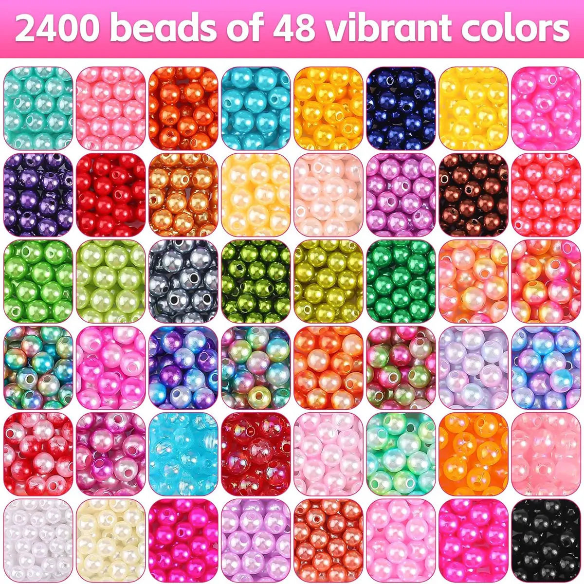 2400PCS 48 Compartments Pearl Jewelry 48 Colors 6 mm Pearl Bracelet Making Kit, 2 Boxes of Round Beads for Beginners