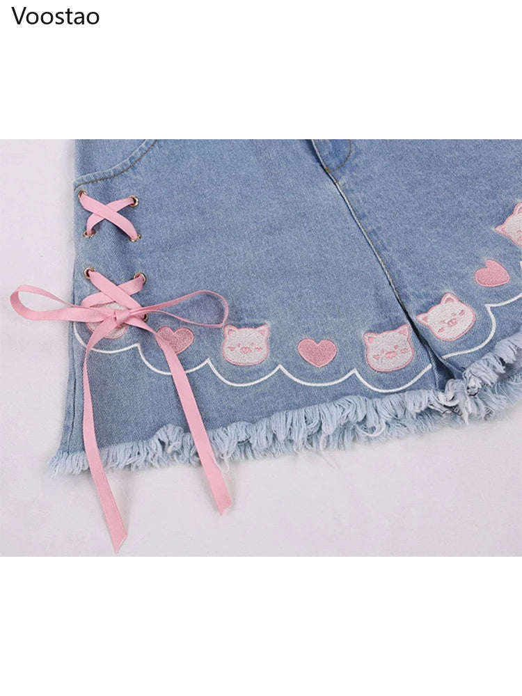 Summer Harajuku Lolita Style Denim Shorts Girly Sweet Cute Cartoon Piggy Embroidery Bow Bandage Short Pants Women Kawaii Jeans
