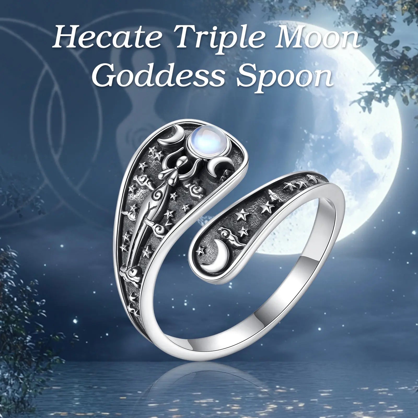Eudora 925 Sterling Silver Triple Moon Goddes Adjustable Ring Moonstone Hecate Amulet Spoon Ring Vintage Jewelry Gift for Women