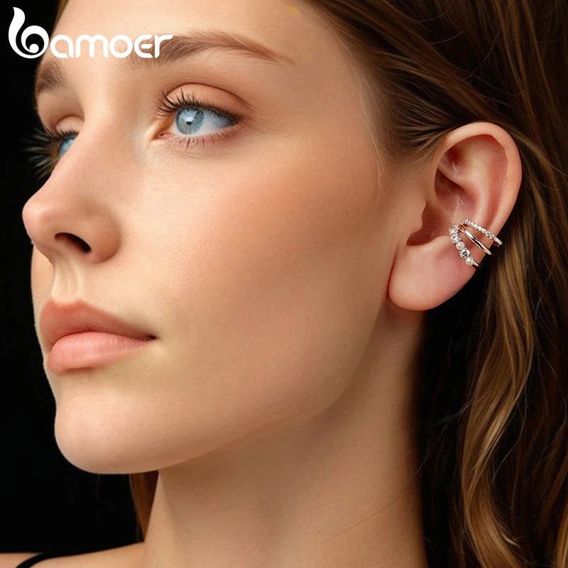 WOSTU Multi Layer Natural Pearl Moissanite Ear Cuff For Women, 925 Sterling Silver Lab Diamond Engagement Jewelry Birthday  Gift