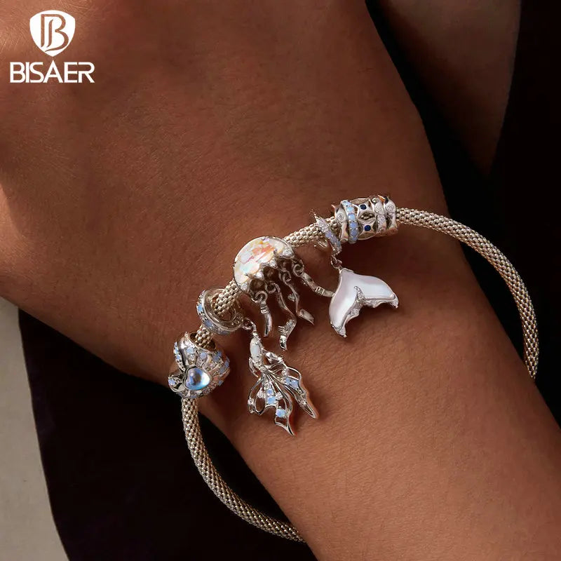 BISAER 925 Sterling Silber Fantasie Quallen Charm Bead Betta Fischschwanz Herz Anhänger Fit Frau Strand Party DIY Armband Schmuck