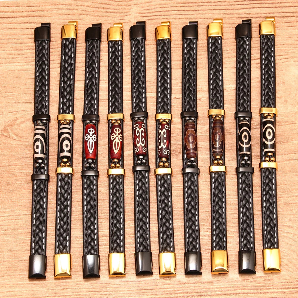 MKENDN Charm Herrenarmband, tibetischer Buddhismus, neunäugiges Dzi-Perlenarmband, Lederarmband, Edelstahl-Accessoires, Glücksarmband