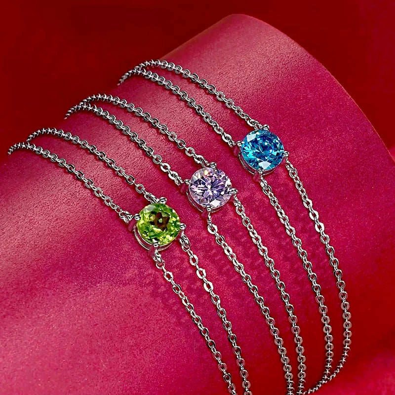 Fashion Women's Single Stone Double Chain Bracelet 6.5mm Round Month Birthday Stone Bracelet 925 Sterling Silver Jewelry Gift