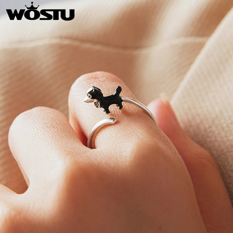 WOSTU Real 925 Sterling Silver Cute Black Border Collie Dog Open Ring for Girl, Original Animal Earrings Family Pet themed Gift
