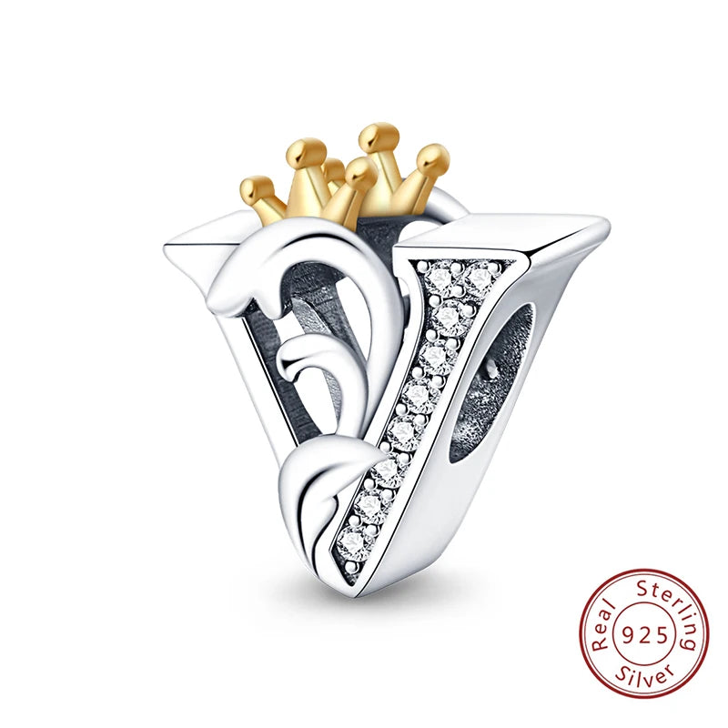 925 Sterling Silver 26 Alphabet A-Z Crown Letters Charms Bead Fit Original Bracelet Fine DIY Charm For Woman Anniversary Jewelry