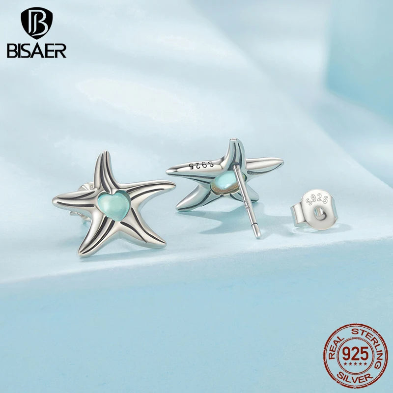 BISAER 925 Sterling Silver Starfish Stud Earrings Heart Glass Marine Animals Stud Ear for Women Party Fine Jewelry Holiday Gift