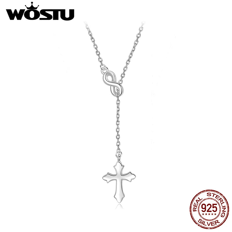 WOSTU 925 Sterling Silver infinite love Faith Cross Y Chain Necklace For Women European Simple Jewelry Gift Pendant Necklaces