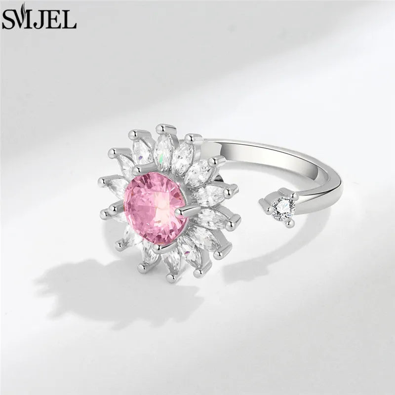 Korean Fashion Anxiety Fidget Spinner Rings for Women Crystal Rose Sunflower Butterfly Rotating Mood Ring Girls Wedding Jewelry