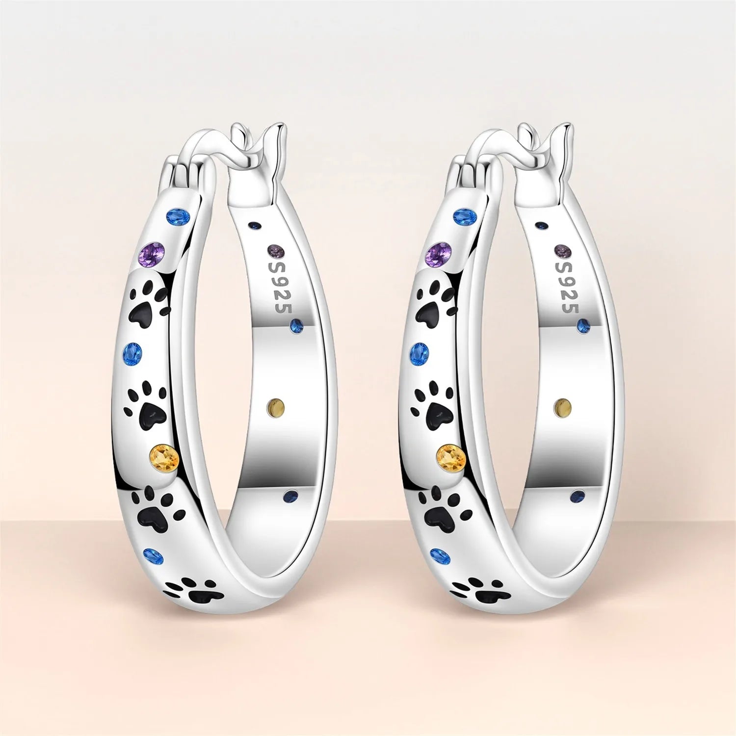 PANPOKI S925 Sterling Silver Colorful Animal Pet Paw Prints Earrings Versatile Hoop Earring For Women Jewelry Trendy Party Gift