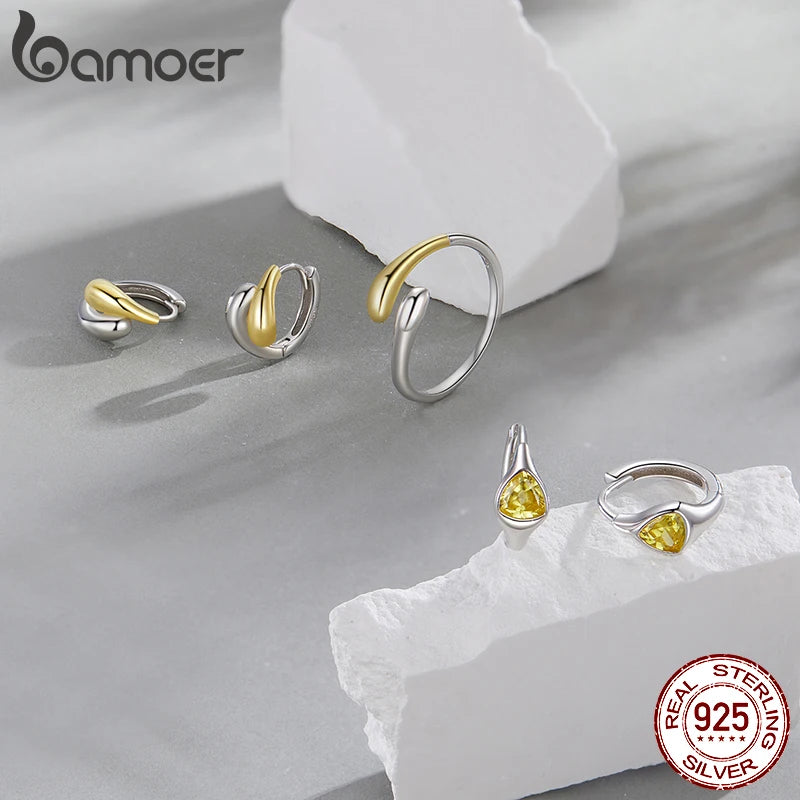 BAMOER 925 Sterling Silver Two-Tone Waterdrop Open Adjustable Ring, Waterdrop Rings Statement Rings Simple Stackable Band Rings