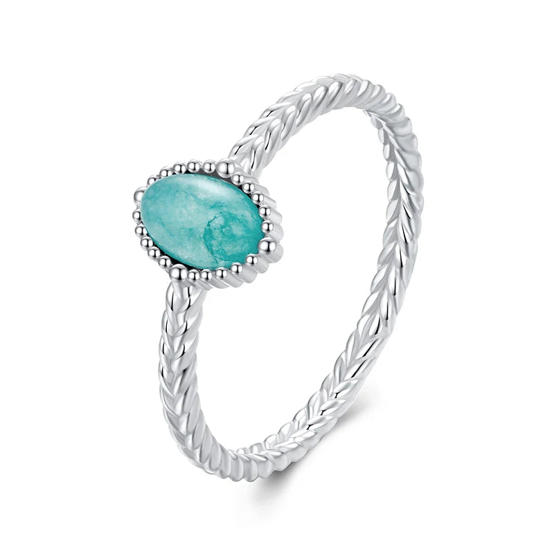 BAMOER 925 Sterling Silver Amazonite/Agate Solitaire Ring, White Gold Plated Finger Rings Dainty Chic Fashion Jewelry BSR624