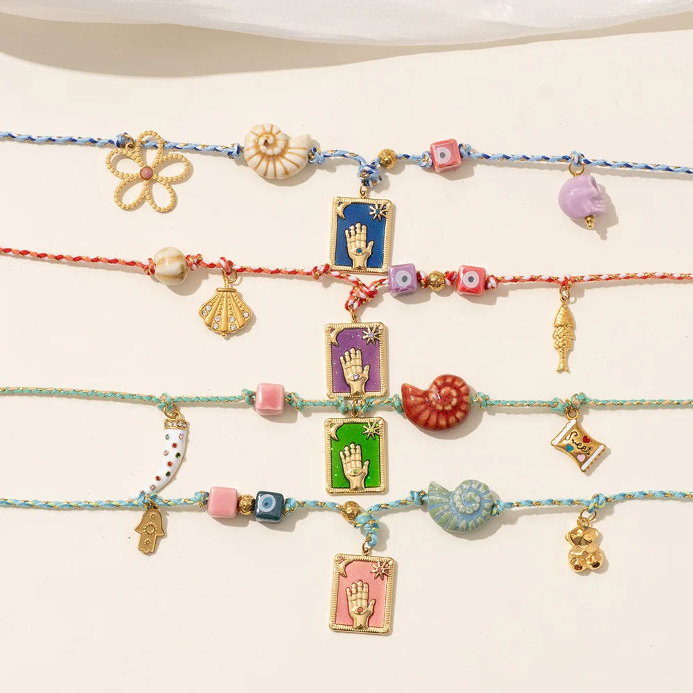 Collier pendentif carte de tarot en émail multicolore effet dégoulinant, texture coquillage, corde colorée, palmier, bijoux d'été et de plage