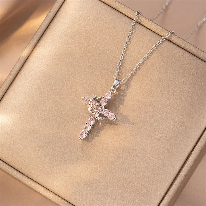 Exquisite Colorful Zircon Cross Pendant Necklaces for Women Girls Stainless Steel Luxury Religious Charm Choker Party Jewelry