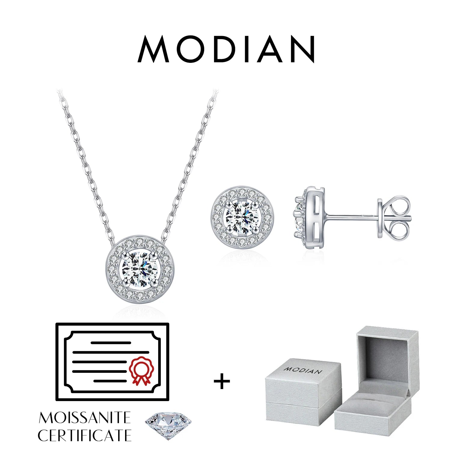MODIAN Moissanite Sets 925 Sterling Silver Classic Round Halo Earrings Simple Link Chain Necklace For Women Bridal Jewelry Set