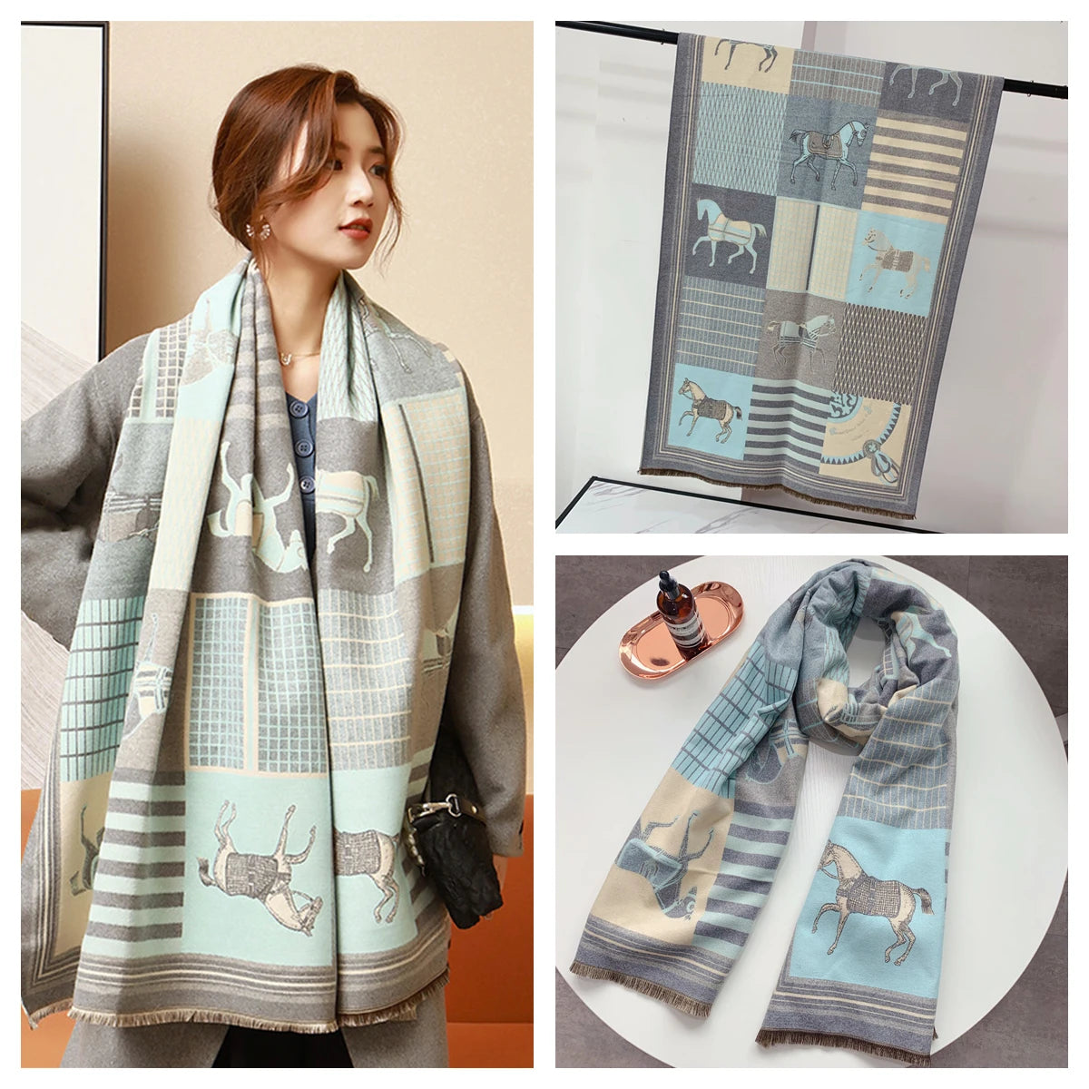 Women's Autumn Winter Horse Pattern Scarf New Luxury Cashmere Feeling Large Blanket Wrap Soft Warm Brand Shawl Retro & Classical - Madeinsea©