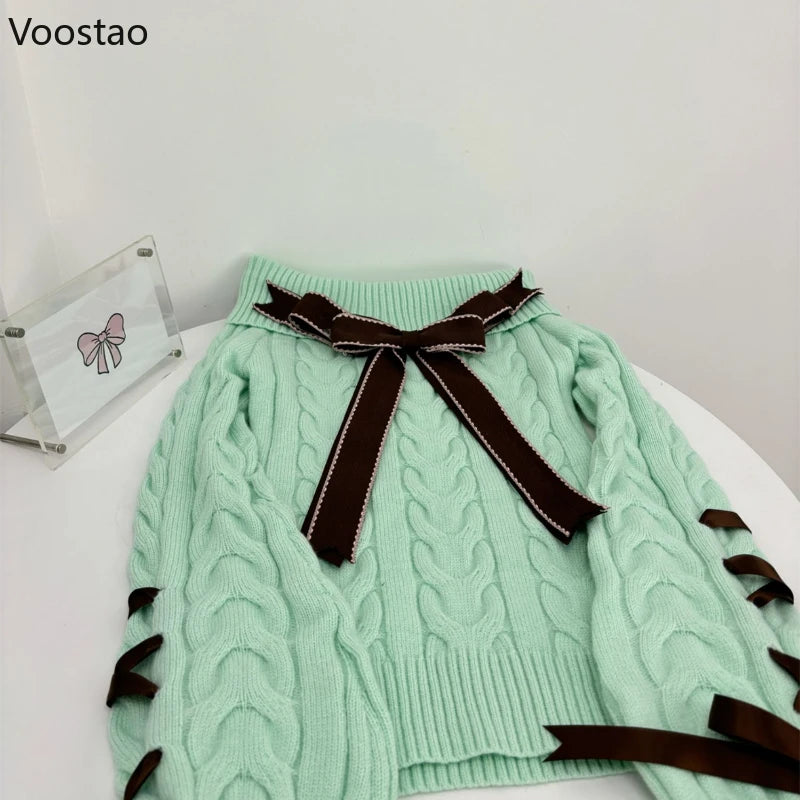 Autumn Winter Sweet Lolita Style 2 Piece Set Women Kawaii Slash Neck Bow Knitted Sweater Mini Cake Skirt Suit Femme Y2k Outfits