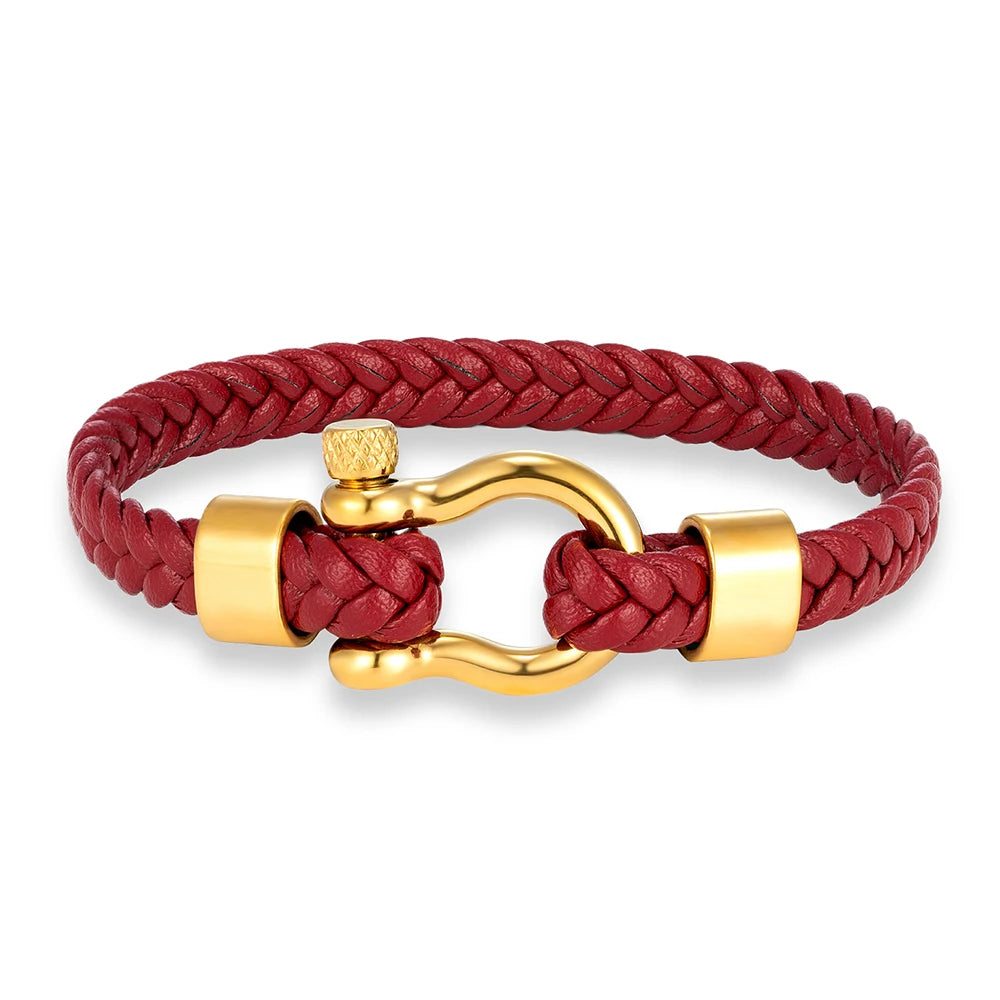 MKENDN Gold Color Stainless Steel Shackle Bracelet Simple Lucky Red Braided Leather Bracelets for Men Women Handmade Jewelry