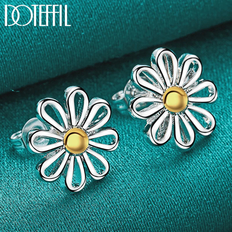 DOTEFFIL 925 Sterling Silver Golden flower Stud Earrings For Women Lady Gift Fashion Charm High Quality Wedding Jewelry