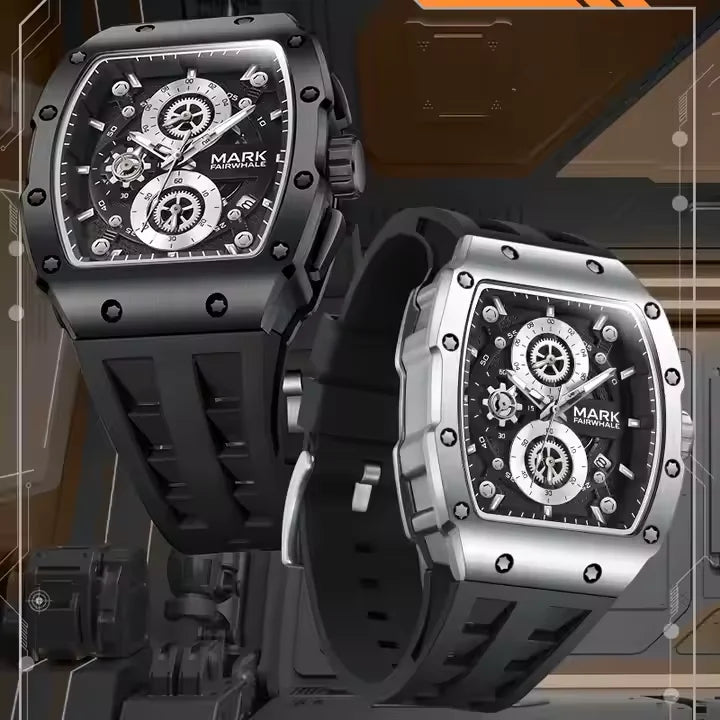Montre homme Mark Fairwhale Sports, bracelet en silicone, style tonneau, montre de luxe multifonctionnelle étanche à quartz