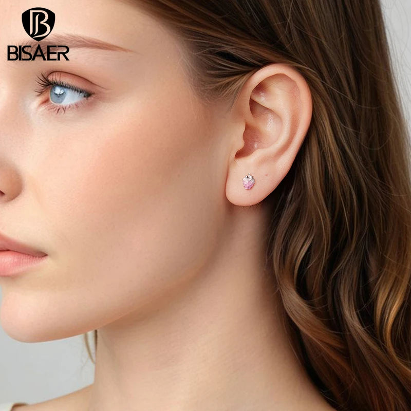BISAER 925 Sterling Silver Strawberry Stud Earrings Gradient Pink Enamel Stud Ear Plated White Gold for Women Party Fine Jewelry