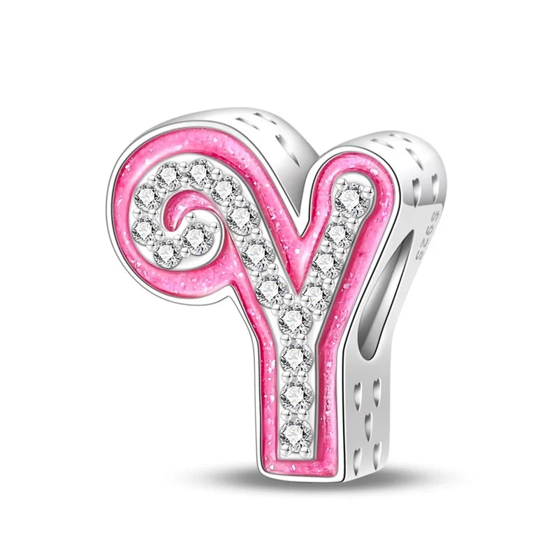 925 Silver 26 Alphabet Pink Princess Letters Charms Bead Fit Pandach 925 Original Bracelet DIY Anniversary Birthday Jewelry Gift
