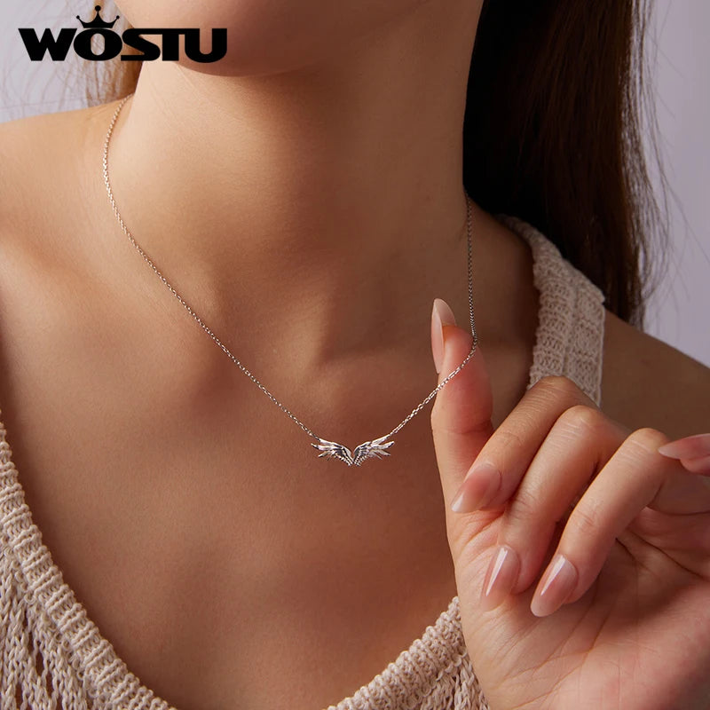 WOSTU Angel Wing Necklace for Women, 925 Silver Feather Pendant Chain Minimalist Winged Jewelry Gift for Her Valentine's Gift