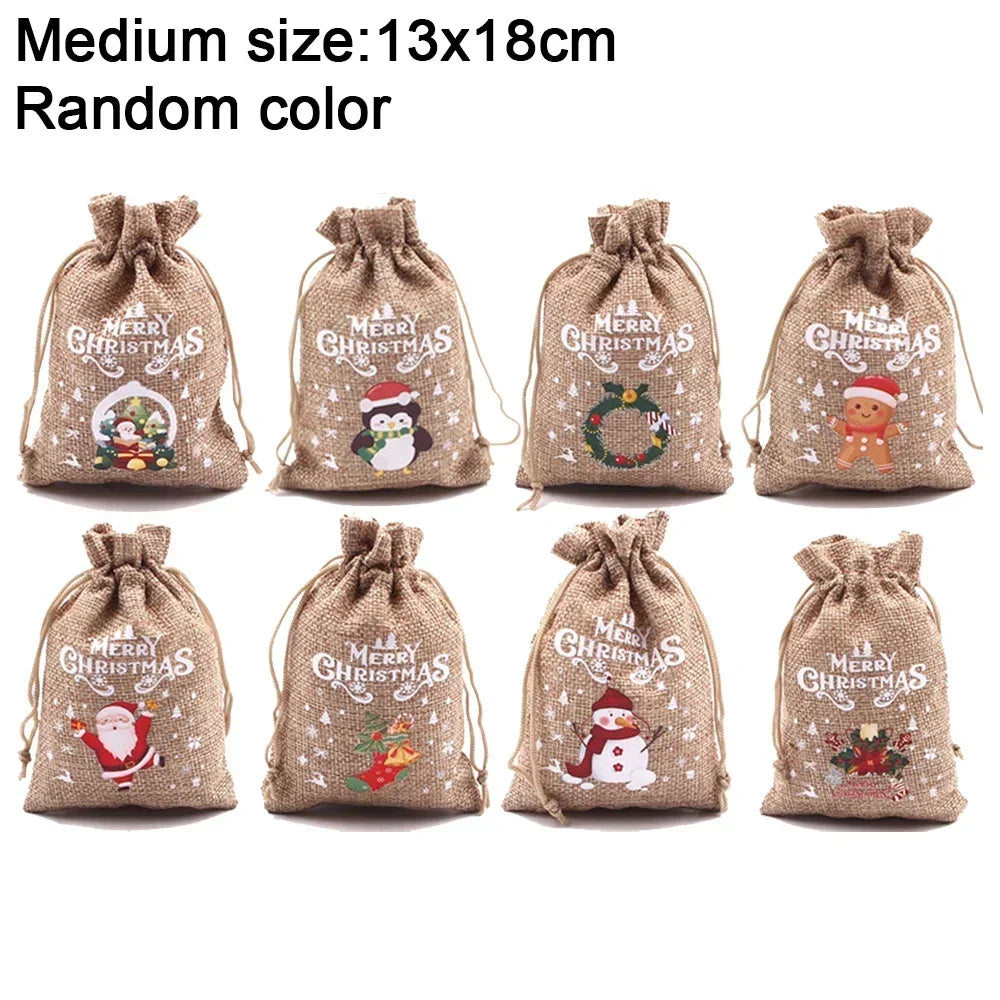 1/30PCS Christmas Linen Drawstring Bags Candy Biscuits Pouchs Burlap Bracelet Jewelry Storage Bags Xmas Kids Gift Packaging Bags