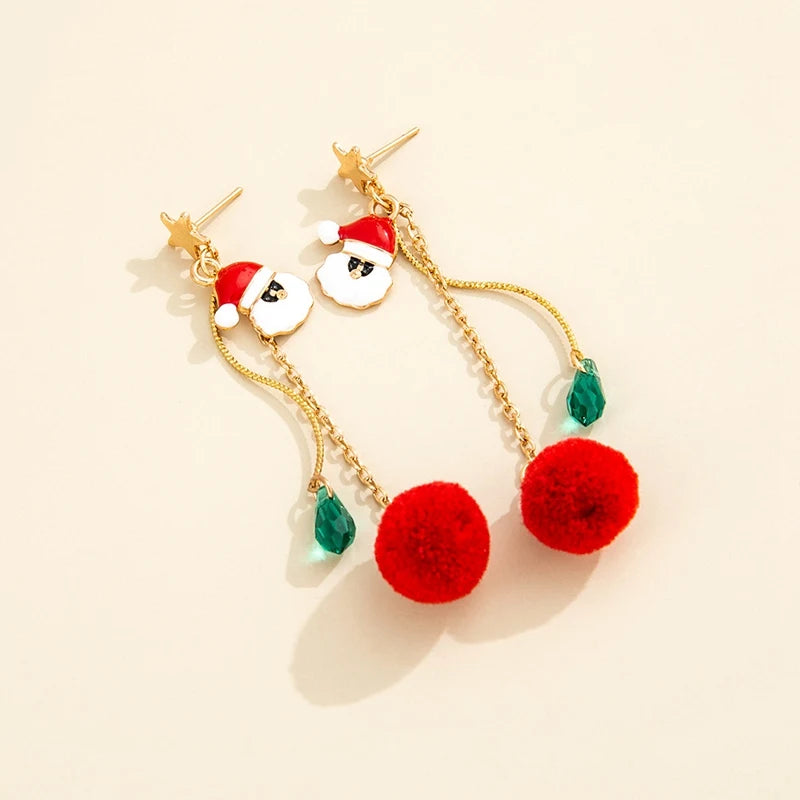 Fashion Christmas Tree Snowflake Earring For Women Santa Claus Bowknot Red Ball Asymmetric Tassel Earring New Year Festival Gift