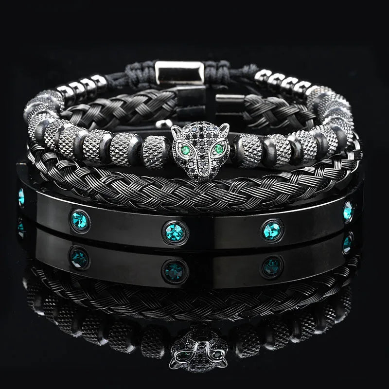 Luxury Black Stone Beads Leopard Head Man Bracelet Enamel Stainless Steel Roman Bangles Women Jewelry Set
