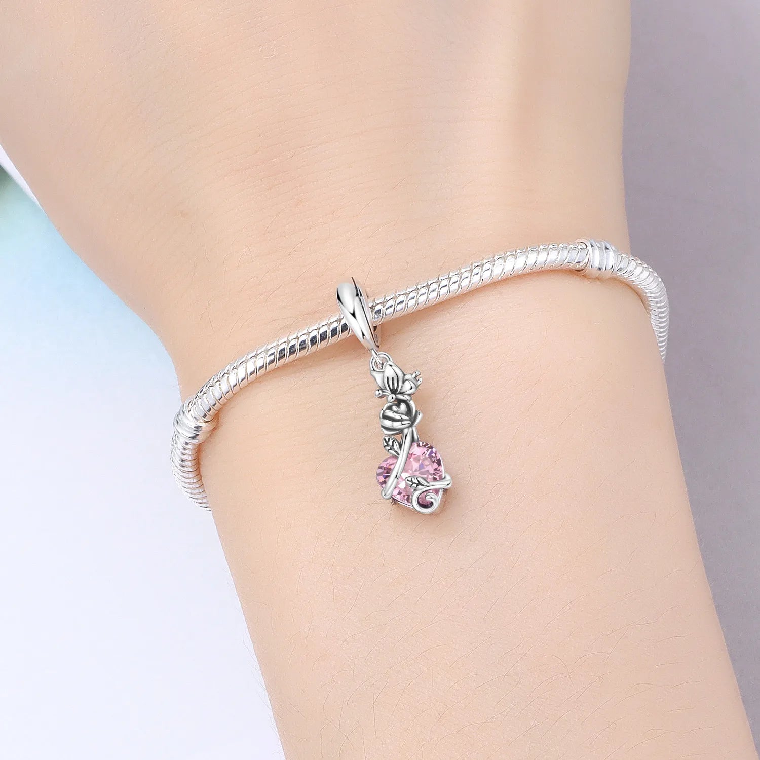 PANPOKI 925 Sterling Silver Butterfly Rose Love Zircon Beads Original Pendants Bracelet Charm Jewelry Party DIY Trendy Gifts