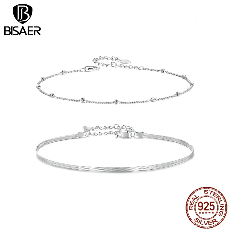 BISAER 925 Sterling Silver Snake Chain Anklet Bracelet Chain Anklet Beads Cute Cat Waterproof Chain For Women Party Fine Jewelry