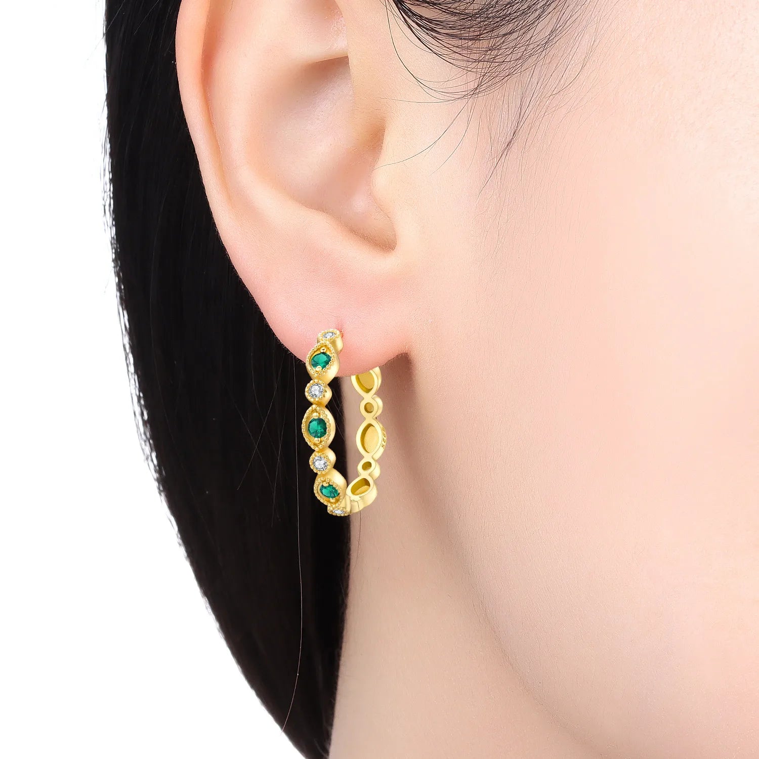 PANPOKI Original 925 Sterling Silver French Retro Green Zircon Earrings Women Hoop Earring Anniversary Jewelry Trendy Gifts