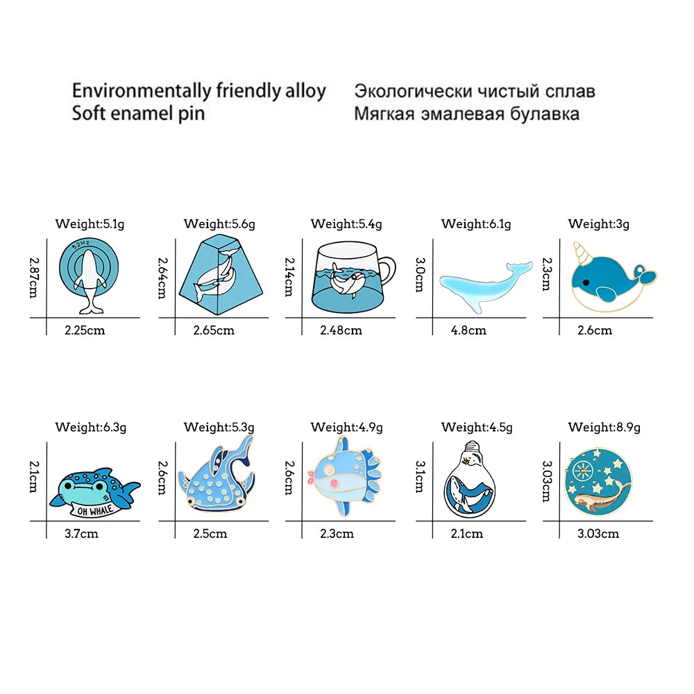 New Blue Marine Life Enamel Pins Cute Whale Dolphin Animal Brooches Women Men Lapel Pin Badges Jewelry Gift for Friend Wholesale