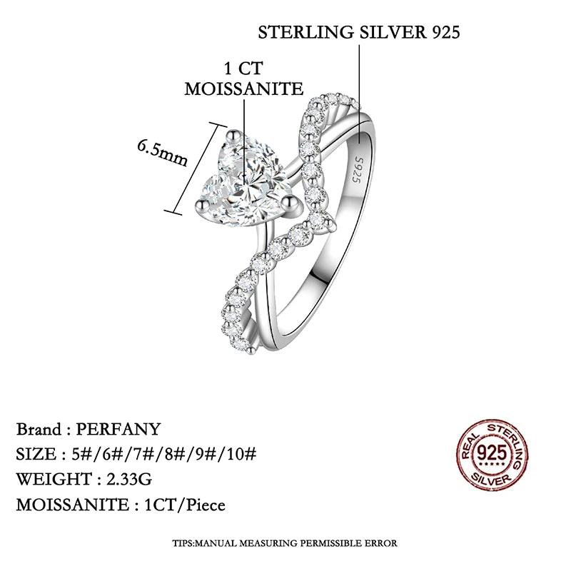 PERMANY 1CT Heart Cut Moissanite Ring for Women S925 Pure Silver Laboratory Diamond Elegant Luxury Wedding Jewelry - Madeinsea©