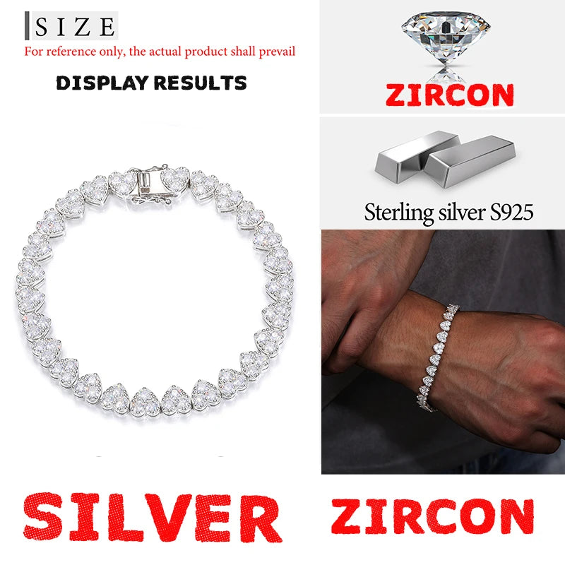 Unisex 3mm-5mm Heart 3 Row Tennis Moissanite Bracelet 925 Silver For Women Men Hip Hop Jewelry - Madeinsea©