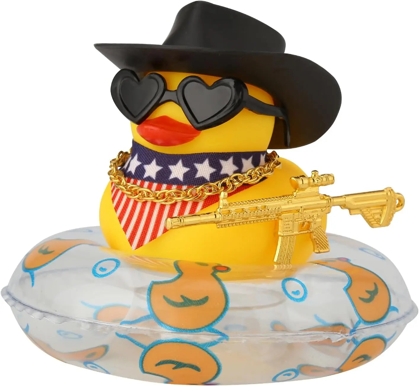 Rubber Duck with Weapon for Car Dashboard Decor, Squeaky Duck Toy Yellow Cowboy Ducks Car Ornament Fun Car Accessories