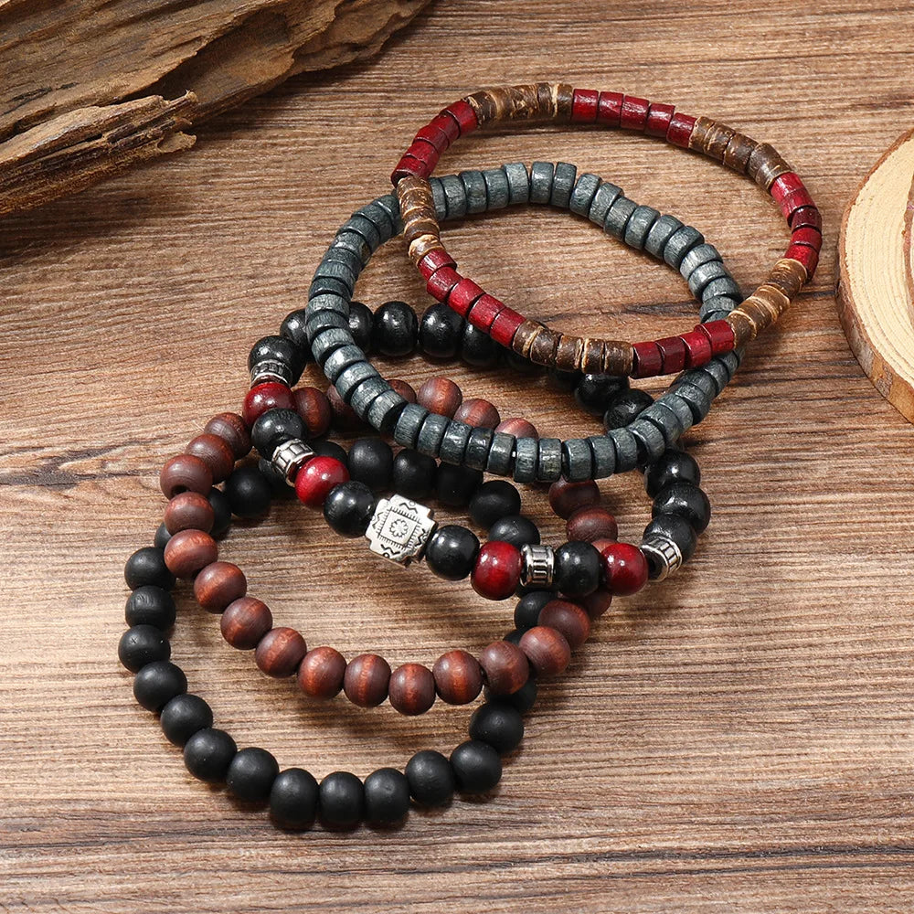 4Pcs/ Set Braided Wrap Leather Bracelets for Men Vintage Life Tree Rudder Charm Wood Beads Ethnic Tribal Wristband Rope Bracelet