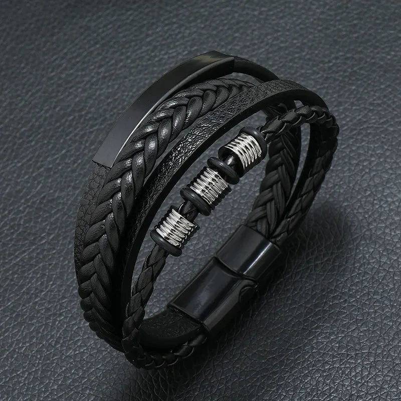New Men's Leather Braided Bracelet Alloy Magnet Buckle Multilayer Leather Bracelet Retro Simple Bracelet Wholesale