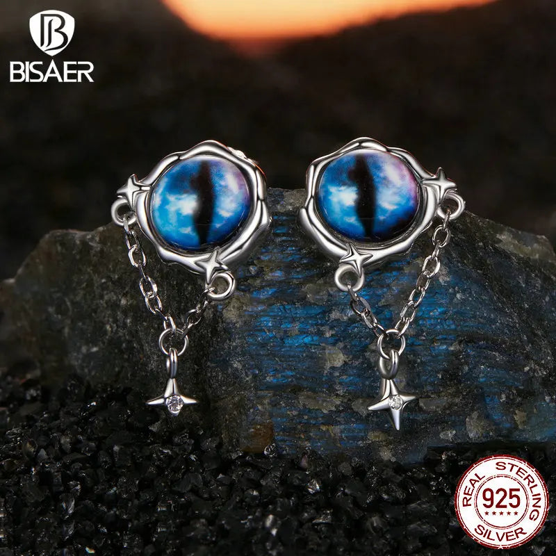 BISAER Boucles d'oreilles à tige en argent sterling 925 véritable avec œil du diable bleu et pampilles en forme d'étoile plaquées or blanc pour femme, bijoux fins de fête