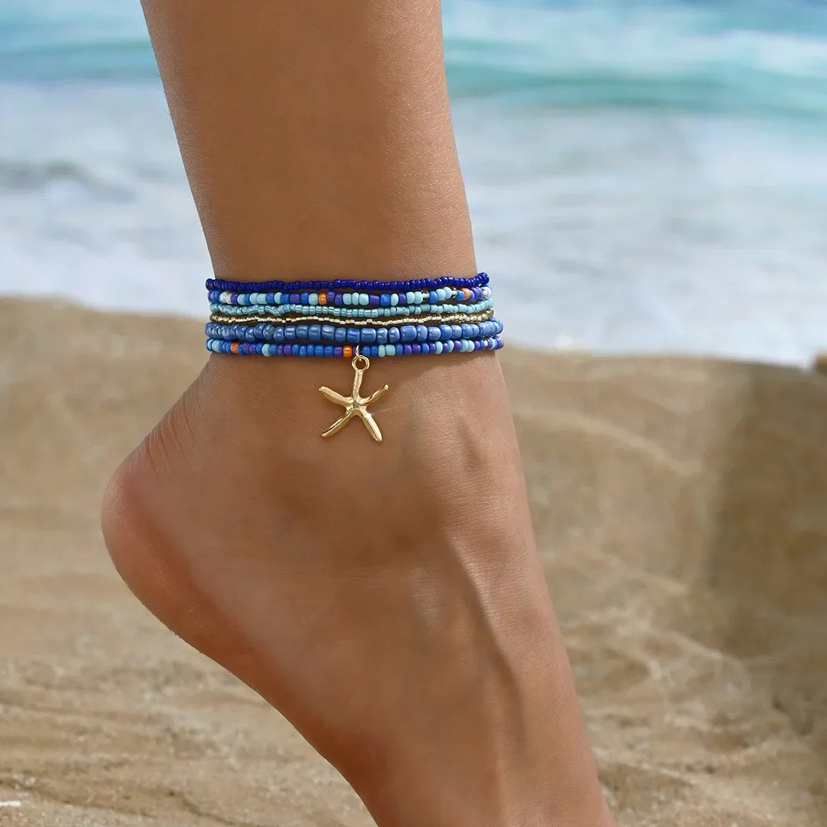 6pcs Set Charm Summer Beach Acrylic Round Ball Beaded Starfish Anklet for Women Multilayer Foot Jewelry Holiday Accessory Gift - Madeinsea©