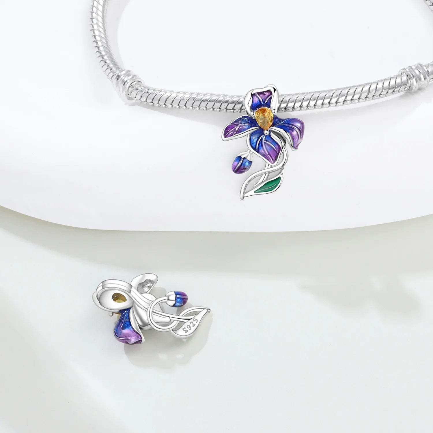 PANPOKI 925 Sterling Silver Blue Purple Iris Flower Beads Original Pendants Bracelet Charm Jewelry Party DIY Trendy Gifts