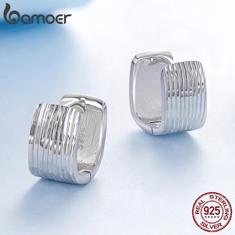 BAMOER Solid 925 Sterling Silver Small Chunky Thick Hoop Earrings for Women Girls, White Gold Plated Hoops Huggie Earrings