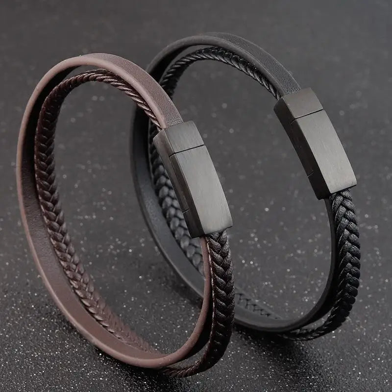 Jiayiqi Doppellagiges geflochtenes Lederarmband für Herren, Schwarz/Braun, Trendiges Herrenarmband, Schlichtes Design, Geschenkidee für Männer